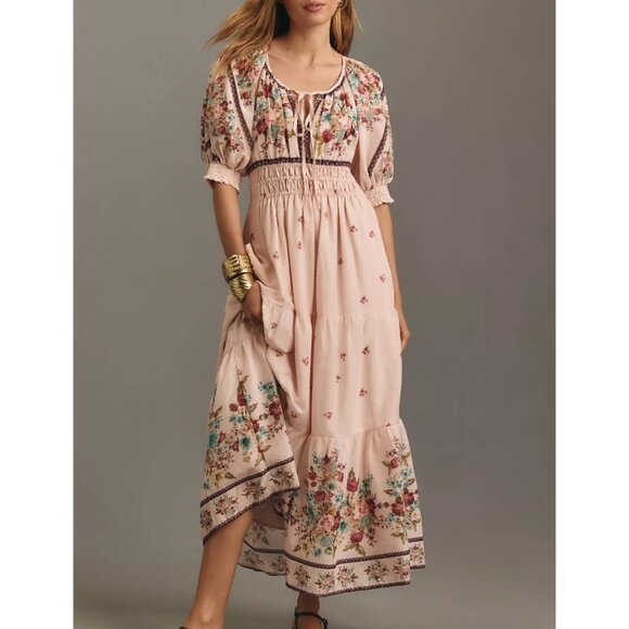 Anthropologie Dresses & Skirts - Anthropologie The Somerset Maxi Dress Pink Embroidered Puff Sleeve XL